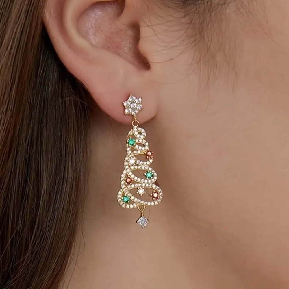 Elegant Gold and Silver Dangle Earrings with Green, Yellow, & Red Ornaments